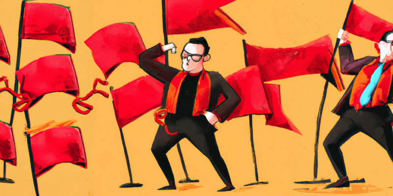 DALL·E generated image of a slick marketing executive with red flags all over him, digital art