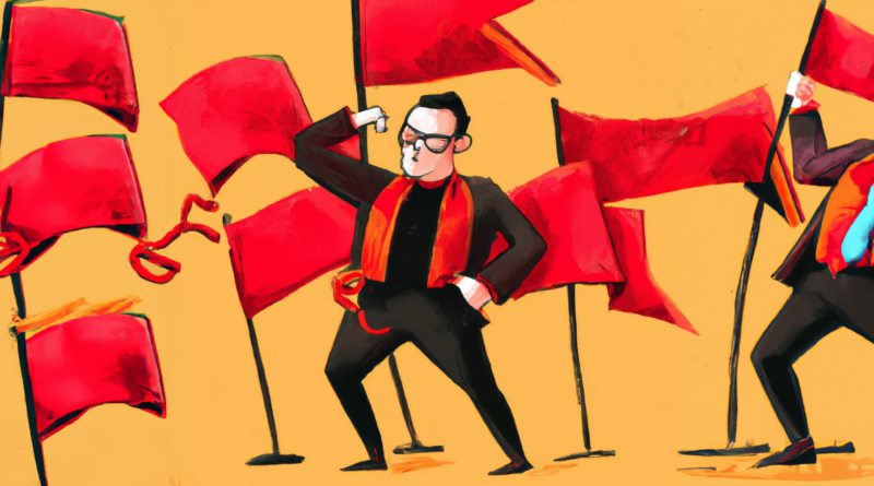 DALL·E generated image of a slick marketing executive with red flags all over him, digital art