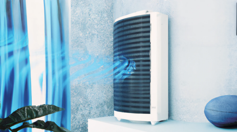DALL·E generated image of a wall mounted heat pump air exchange unit blowing cool blue curls of air into a condo living room, digital art