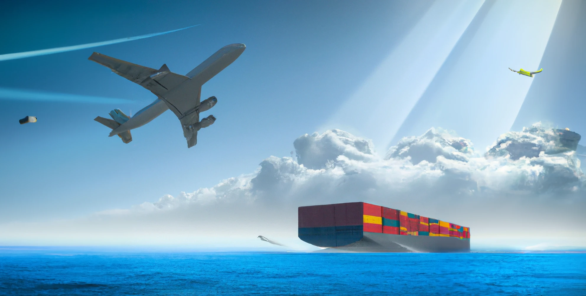 DALL·E generated image of an airplane flying over a container ship on a sunny day, digital art