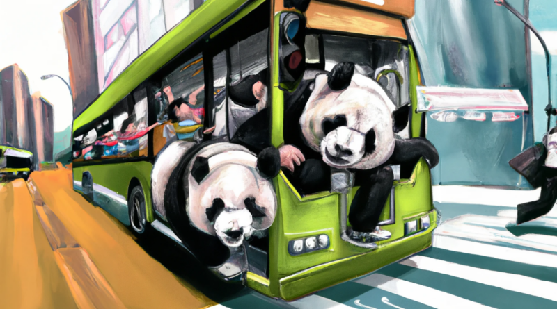 DALL·E generated image of panda bears riding an electric bus, digital art