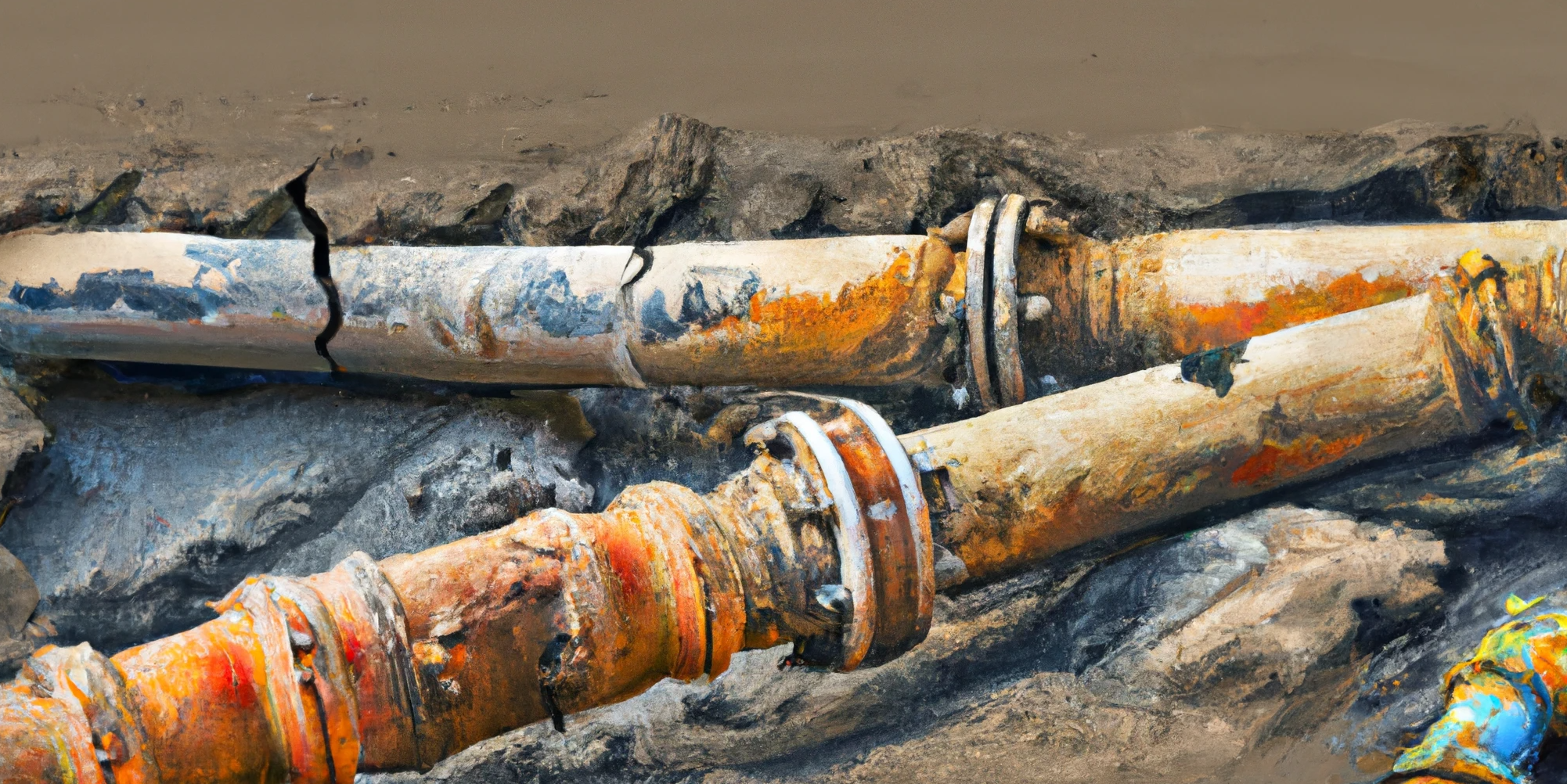 DALL·E generated image of rusty gas pipelines being ripped out of the ground, digital art