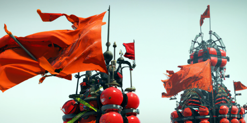 DALL·E generated image of unusual piece of futuristic technology with red flags all over it, digital art