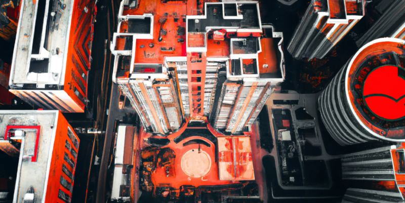 DALL·E generated view of a downtown 19 story condo building in vancouver from above with reddish heat tones, digital art