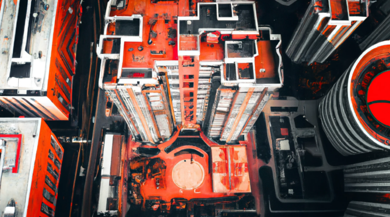 DALL·E generated view of a downtown 19 story condo building in vancouver from above with reddish heat tones, digital art