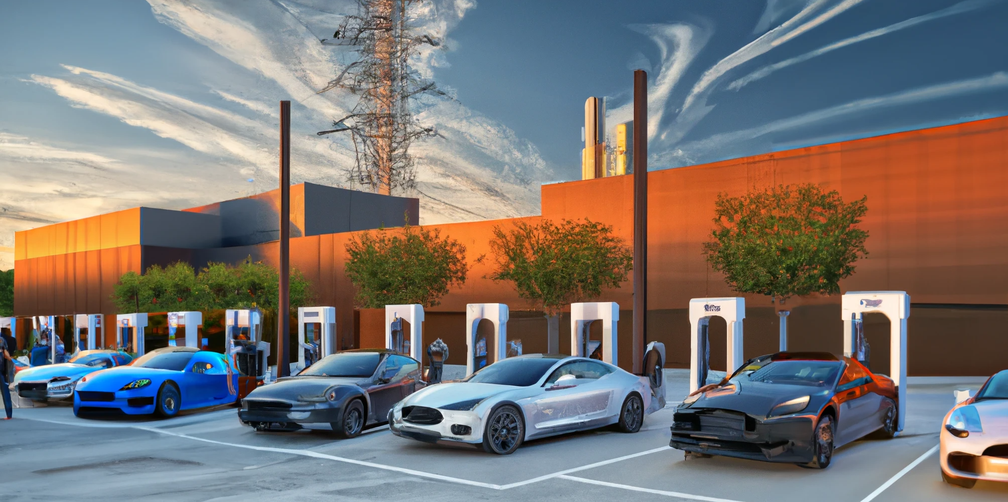 DALL·E generated image of Porsches, BMWs and Ford electric cars charging up at Tesla Supercharger station, digital art