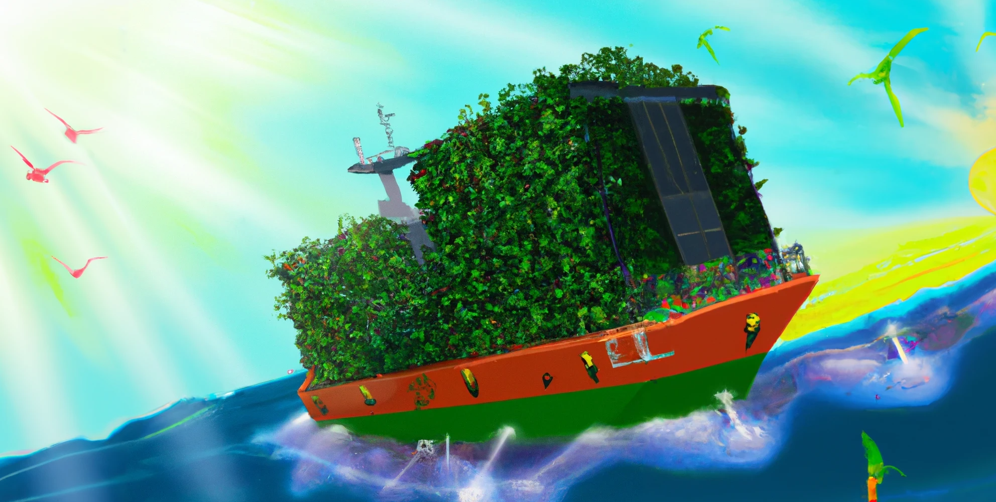 DALL·E generated image of a container ship with some batteries and plants on top under a sunny sky on a blue-green ocean, digital art