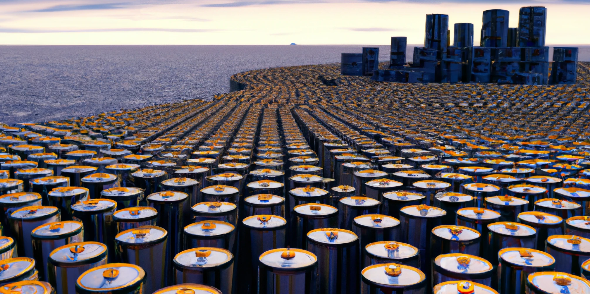 DALL·E generated image of an army of identical batteries swarm a shipping port, digital art