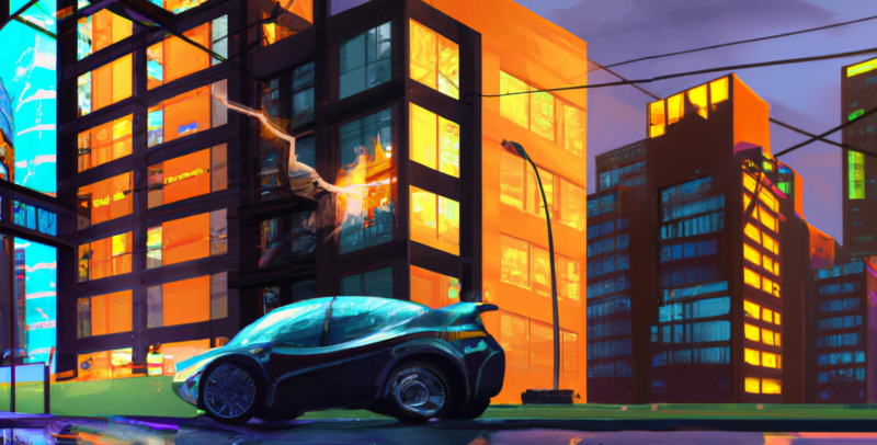 DALL·E generated image of an electric vehicle with sparks in front of a condo building, digital art