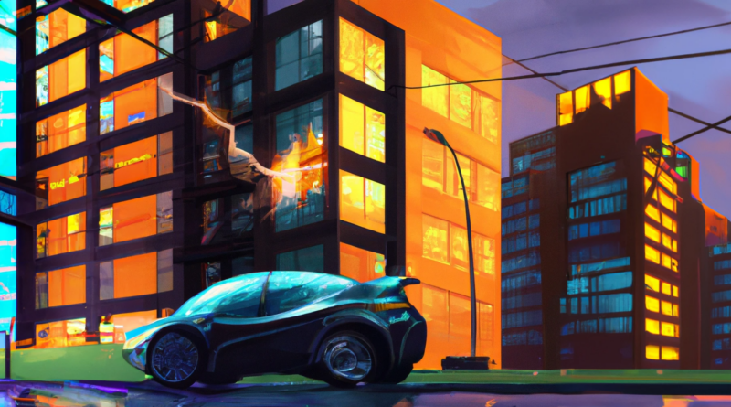 DALL·E generated image of an electric vehicle with sparks in front of a condo building, digital art