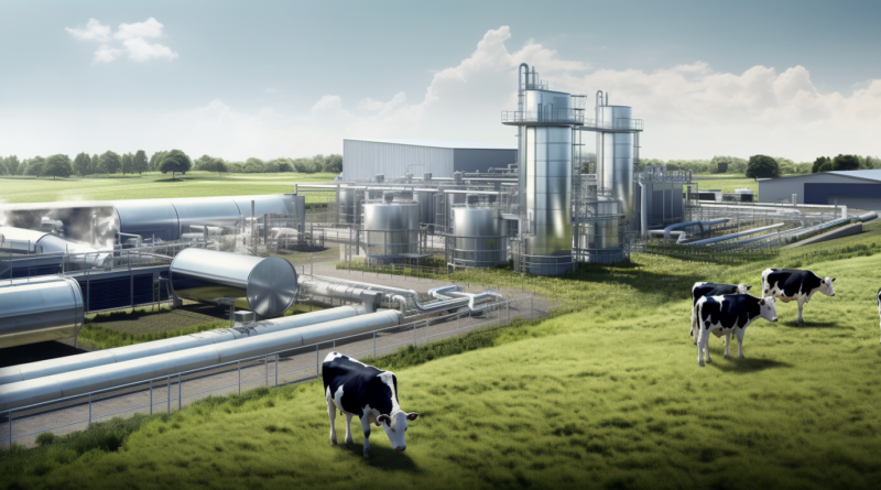 Midjourney generated image of biofuels manufacturing facility next to livestock farm