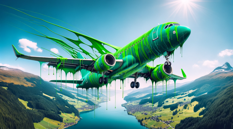 ChatGPT & DALL-E generated image of panoramic image depicting a passenger aircraft covered in dripping green paint, set against a clear blue sky and a serene landscape below