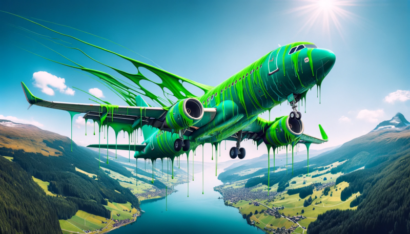 ChatGPT & DALL-E generated image of panoramic image depicting a passenger aircraft covered in dripping green paint, set against a clear blue sky and a serene landscape below