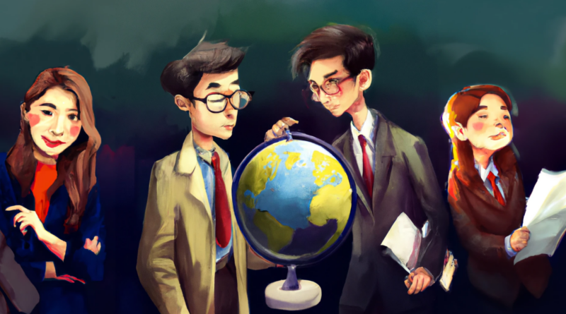 DALL·E generated image chinese business executives looking at a globe of the earth, digital art