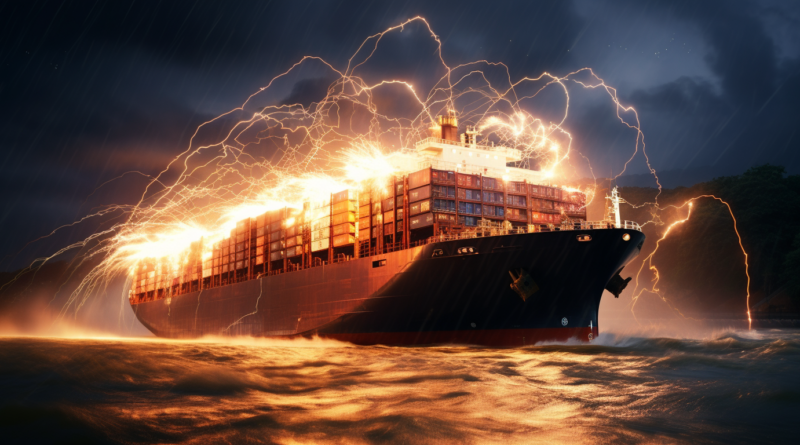 Midjourney generated image of electric sparks flow off container ship on river