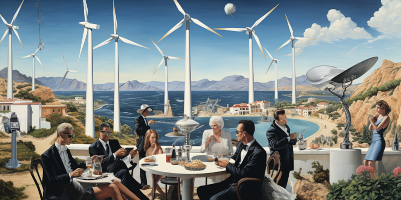 Midjourney created image of rich people at the seashore aghast at the thought of wind turbines