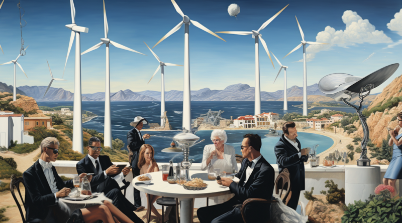 Midjourney created image of rich people at the seashore aghast at the thought of wind turbines