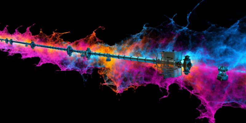 Midjourney generated image of leaking methane from a natural gas pipeline, hyperspectral imaging