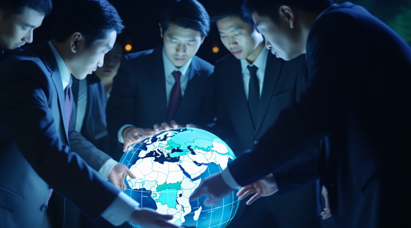 Midjourney generated image of chinese business executives looking at a globe of the earth