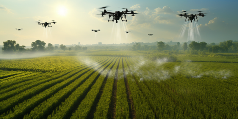 fields spreading to horizon with hexacopter drones spraying fertilizer, birds eye view