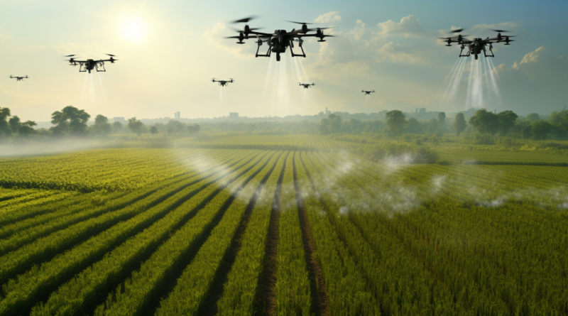 fields spreading to horizon with hexacopter drones spraying fertilizer, birds eye view