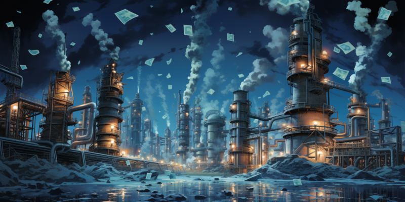 Midjourney generated image of oil refinery with blue flames and money falling on it from the sky