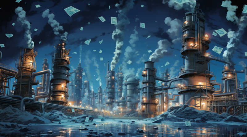 Midjourney generated image of oil refinery with blue flames and money falling on it from the sky