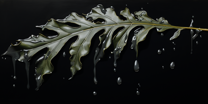 Midjourney generated image of a figleaf dripping black oil