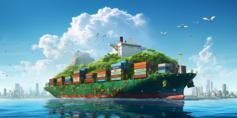 Midjourney generated image of a container ship with batteries and plants