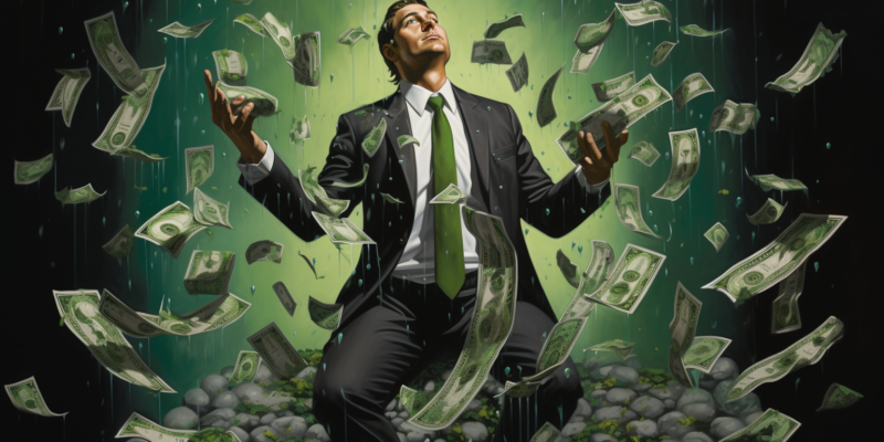 Midjourney generated image of oil company executive with a figleaf covering their middle, dripping with grease with dollars floating down around them