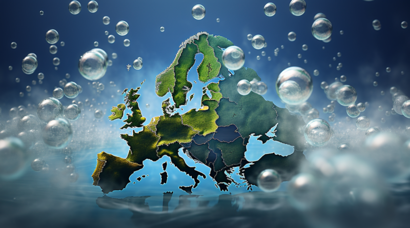 Midjourney generated image of Europe with bubbles of carbon and money over it