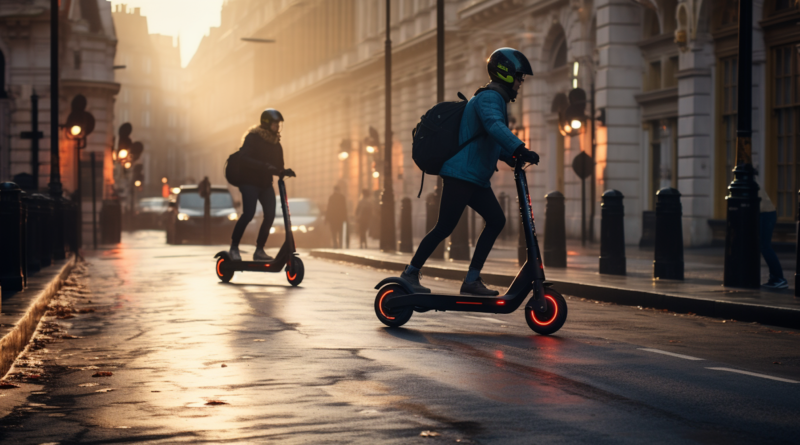 Midjourney generated image of London street, electric scooters