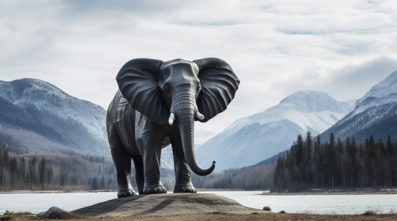 Midjourney generated image of black elephant in Canada's Rockies