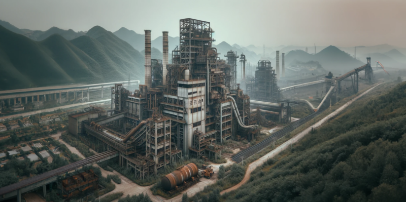 DALL·E and ChatGPT generated Photo of an abandoned and mothballed Chinese coal generation plant, located in a remote area. The plant shows signs of wear and neglect, with rusted metal