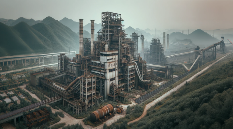 DALL·E and ChatGPT generated Photo of an abandoned and mothballed Chinese coal generation plant, located in a remote area. The plant shows signs of wear and neglect, with rusted metal