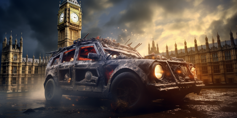 Midjourney generated image of UK politician, conspiracy theory, car