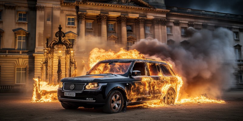 Midjourney generated image of burning Range Rover in front of Buckingham Palace