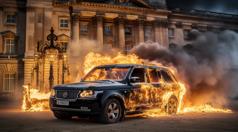 Midjourney generated image of burning Range Rover in front of Buckingham Palace