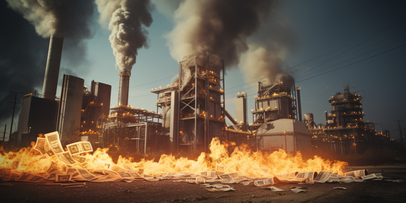 Midjourney generated image of dollars burning in front of natural gas plant