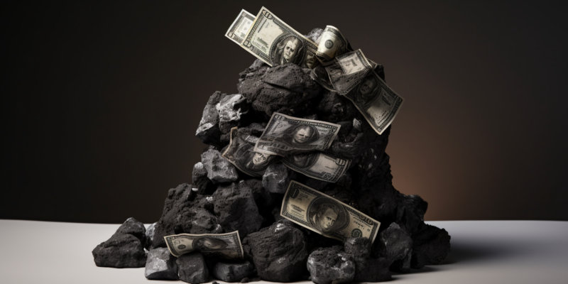 Midjourney generated image of a lump of coal on a stack of money