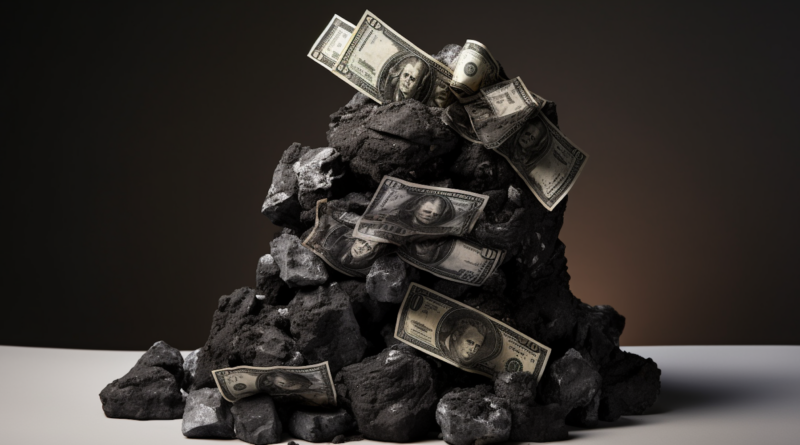 Midjourney generated image of a lump of coal on a stack of money