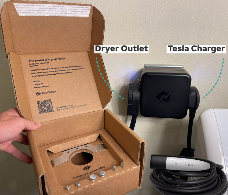 The NeoCharge Smart Splitter in a 240V outlet, an EV circuit splitter that allows Tesla owners to share their dryer outlet with their Tesla.