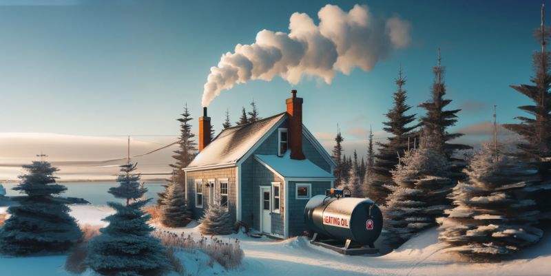 DALL-E generated image of Photo of a quaint rural Maritime home in Canada during the winter season, with smoke billowing from the chimney against a clear blue sky.