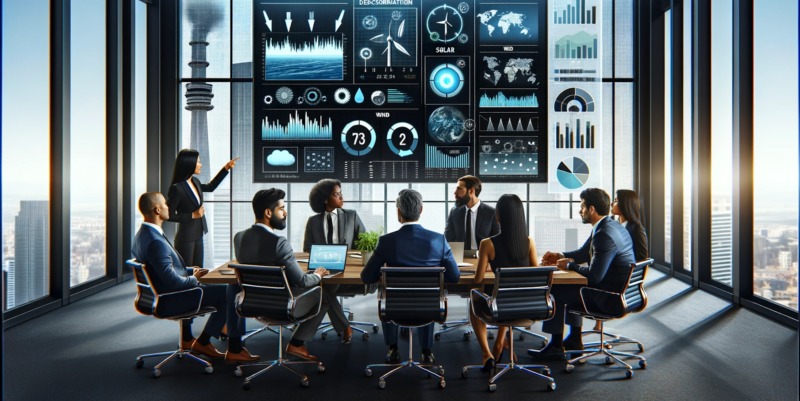 ChatGPT and DALL-E generated image of professional and modern boardroom scene with a diverse group of investors examining various decarbonization options.
