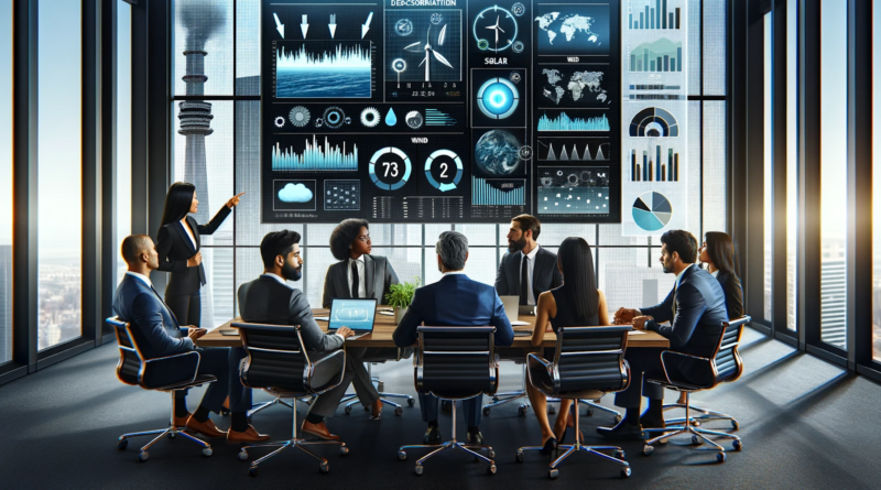 ChatGPT and DALL-E generated image of professional and modern boardroom scene with a diverse group of investors examining various decarbonization options.