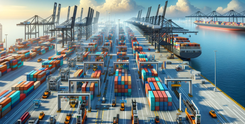 ChatGPT & DALL-E generated panoramic image of a bustling container port during daytime