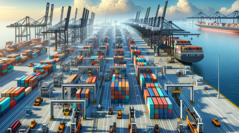 ChatGPT & DALL-E generated panoramic image of a bustling container port during daytime