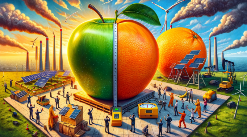 ChatGPT & DALL-E generated panoramic allegorical image that creatively illustrates the concept of comparing apples and oranges in the context of energy sources.