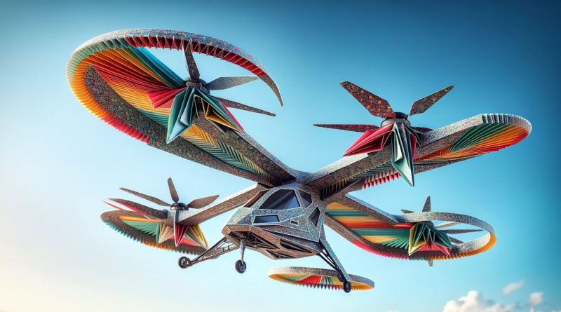 ChatGPT & DALL-E generated panoramic image depicts an eVTOL aircraft with tilting wings, artistically crafted to resemble origami with detailed paper folding, enhancing its whimsical, toy-like appearance.