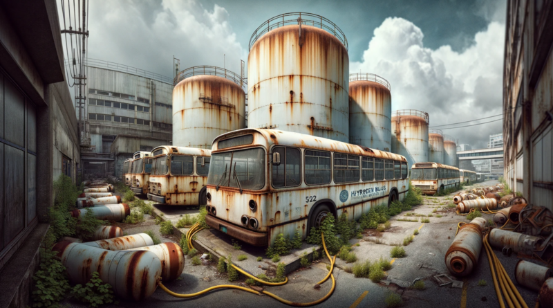 ChatGPT & DALL-E generated panoramic image depicting rusting hydrogen buses and hydrogen tanks in a junkyard, complete with overgrown weeds and a backdrop of dilapidation